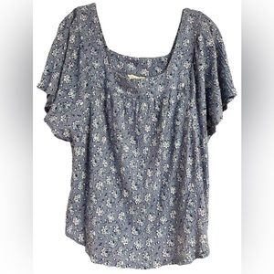 Lucky Brand Crinkle Top Spring Floral Flare Sleeve Round Scoop Waist Medium